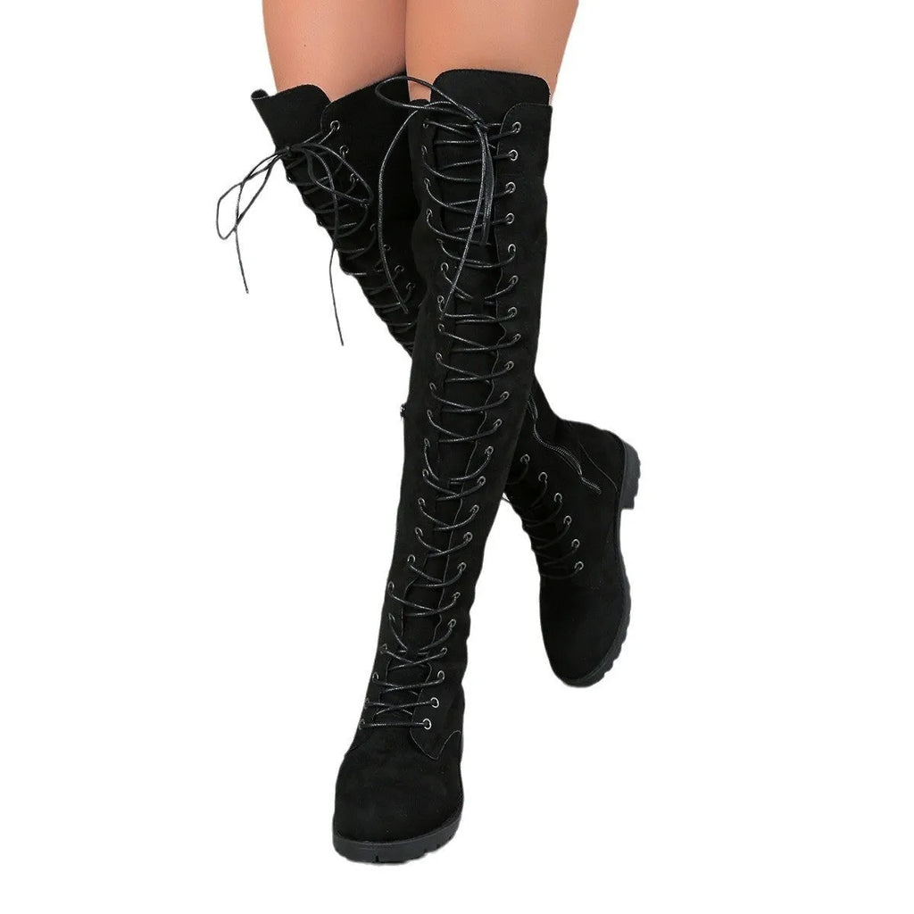 Lace-up over-the-knee boots with flat heel round toe in black brown khaki colours