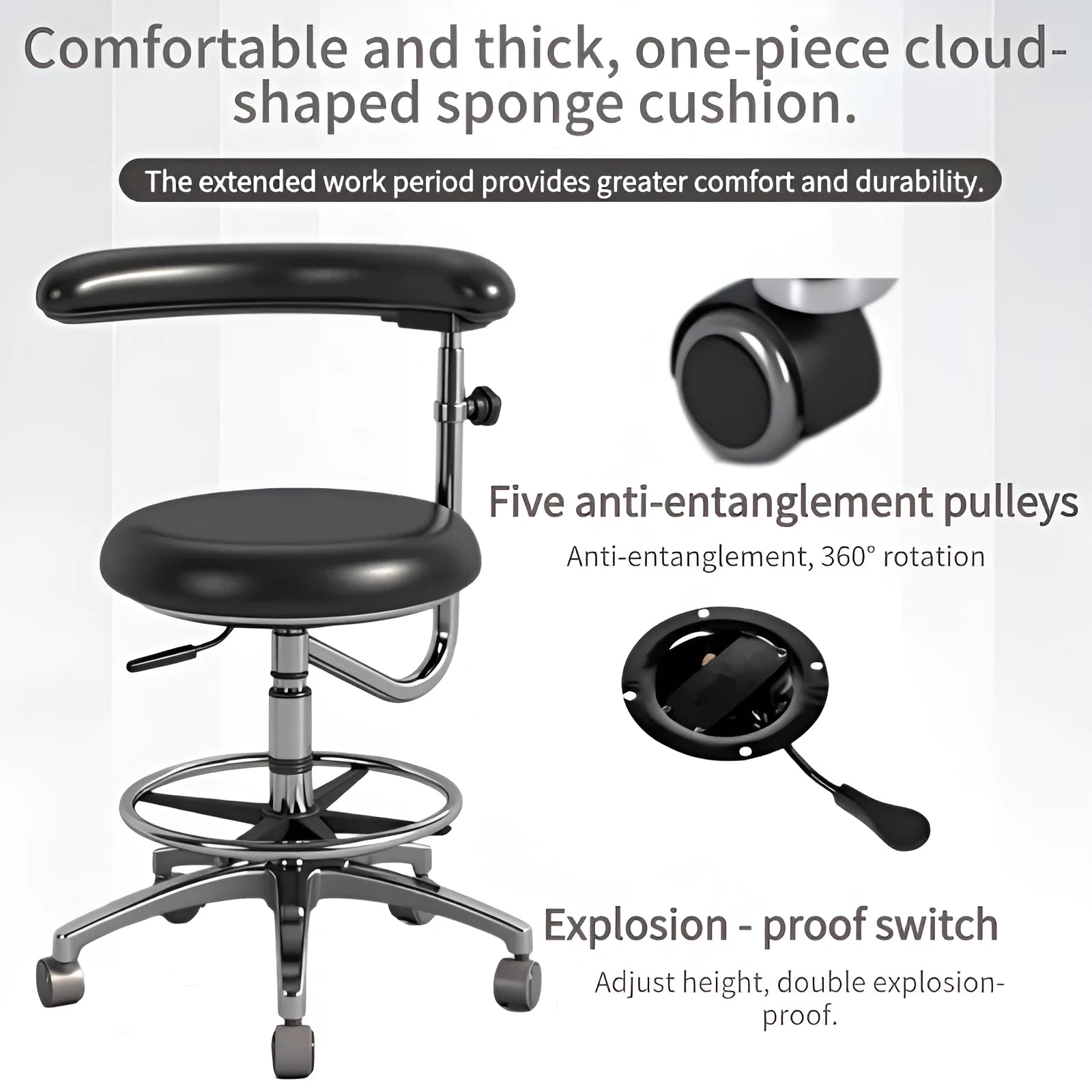 Black leather dental chair with a lift mechanism for hospital and surgery use.