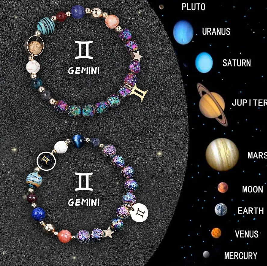 Set of two natural stone beaded bracelets with metal zodiac charms on an elastic cord.