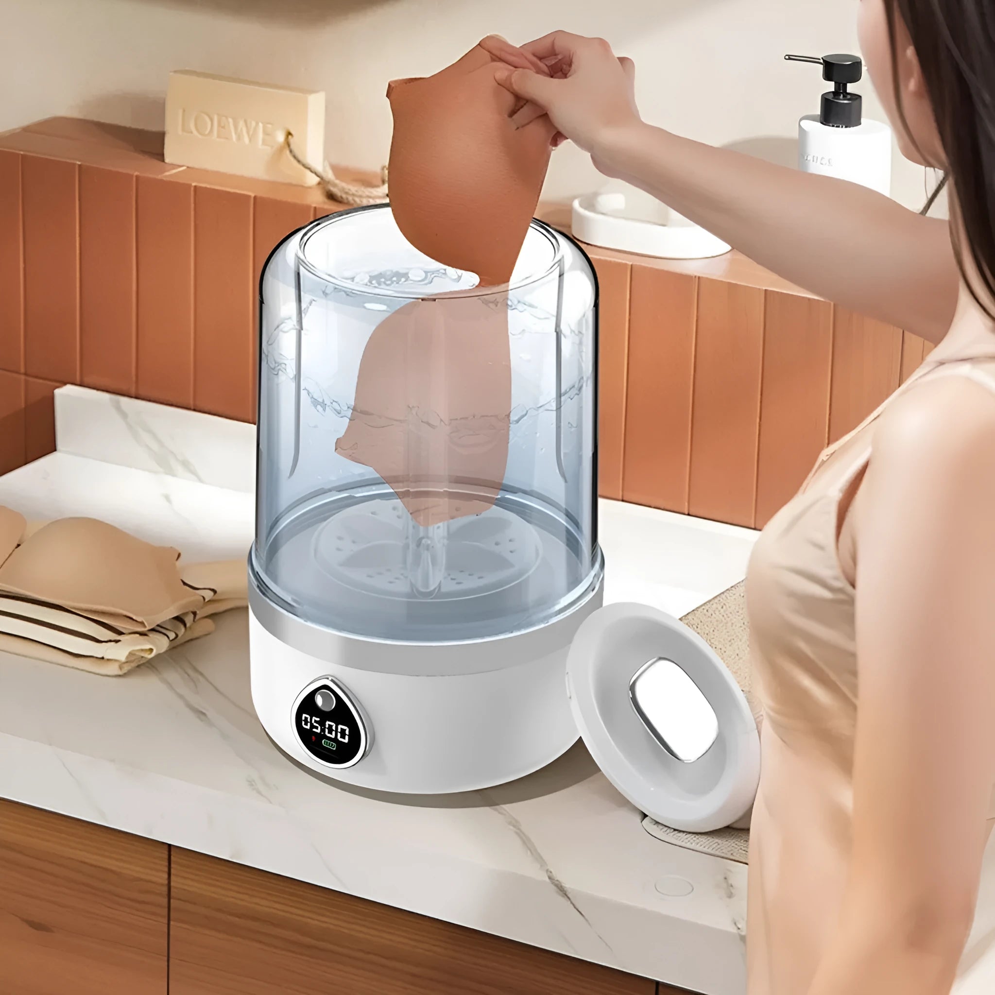 White portable USB mini washing machine showing 13.5cm width measurement