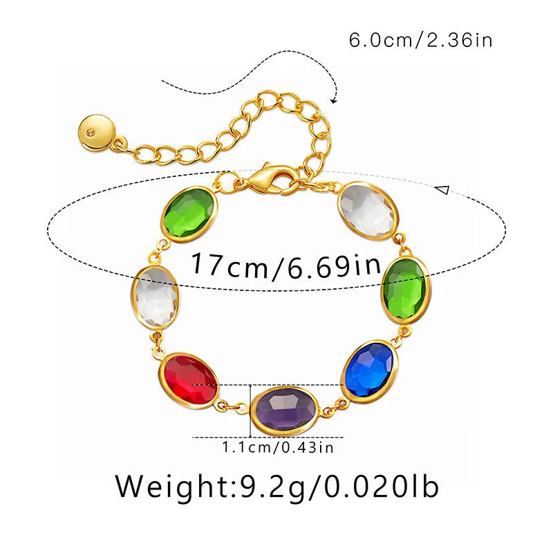 Women's 18K copper geometric ellipse bracelet with blue green multicolor glass inlay detailing