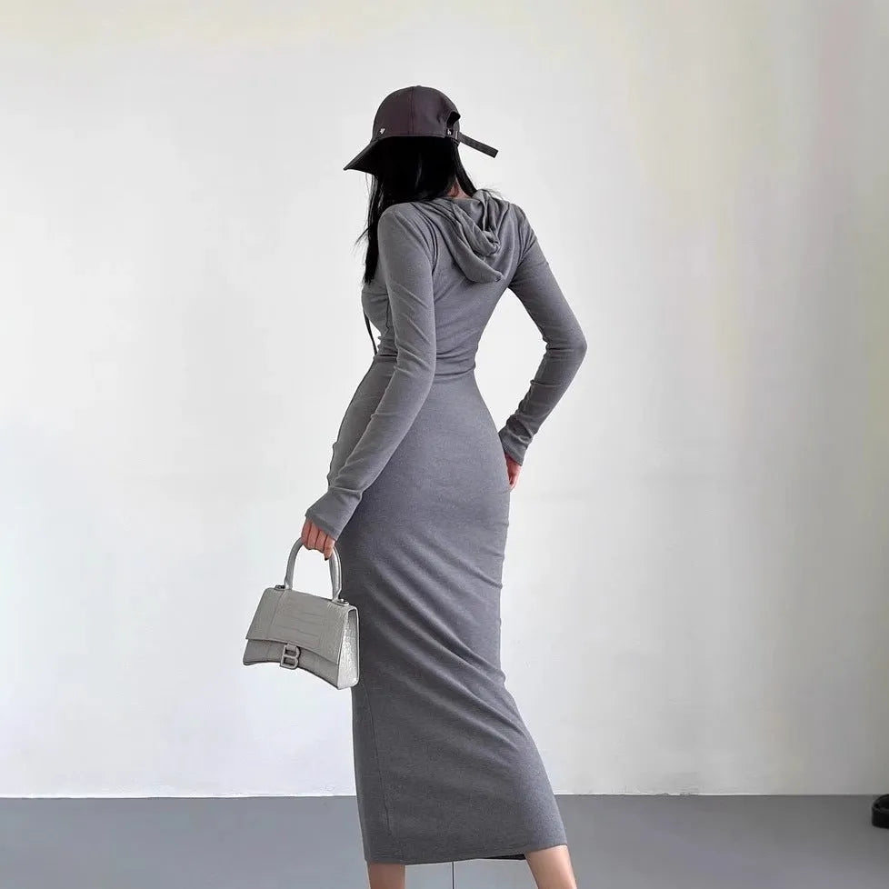 Women's grey hooded long sleeve sheath dress with high waist on a mannequin.