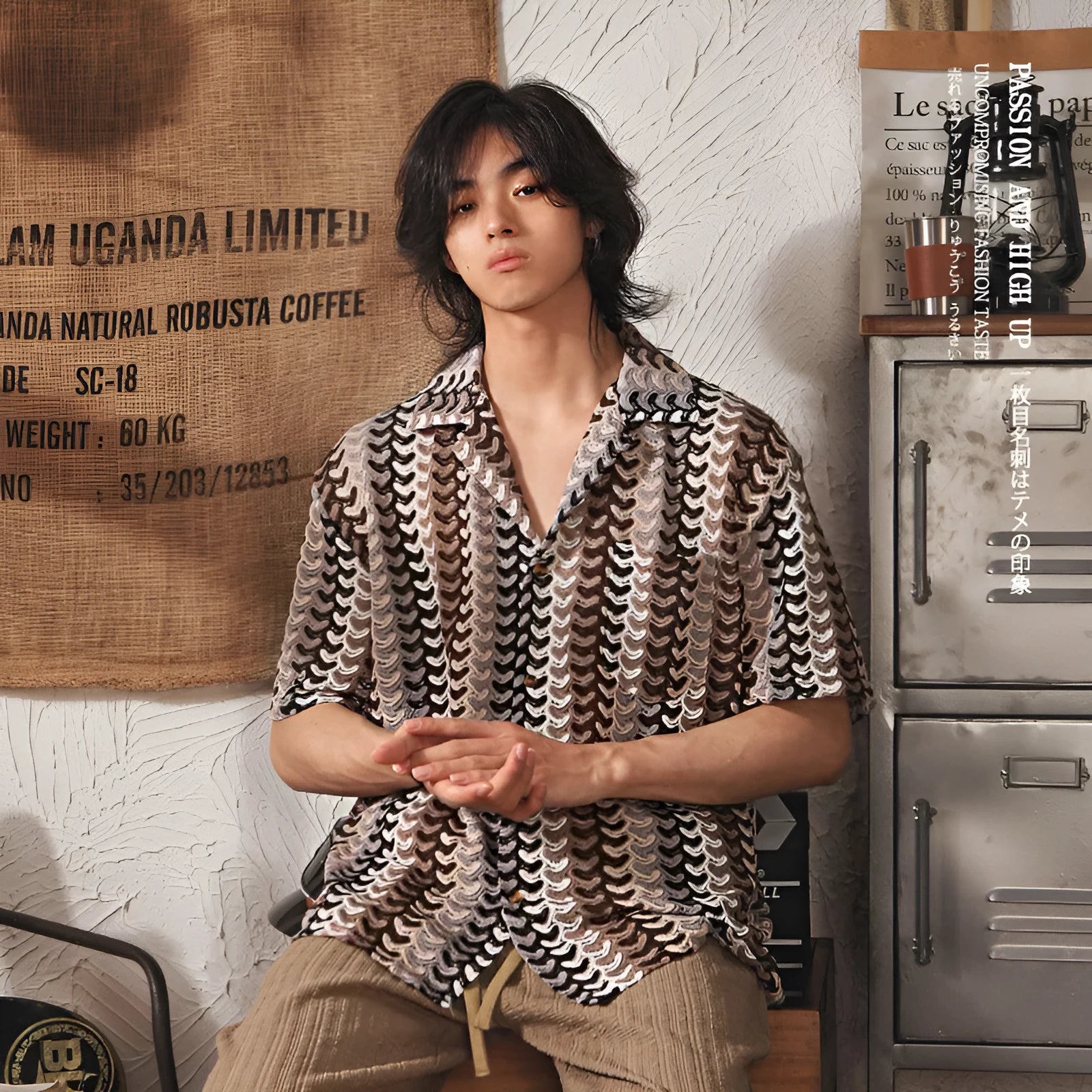 Grey Japanese style Cuban collar men's shirt with red jacquard pattern detailing on plus size model