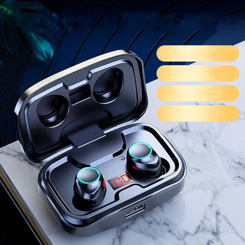 Wireless Bluetooth 5.0 in-ear earphones in black, blue or red colours with earplug-type design