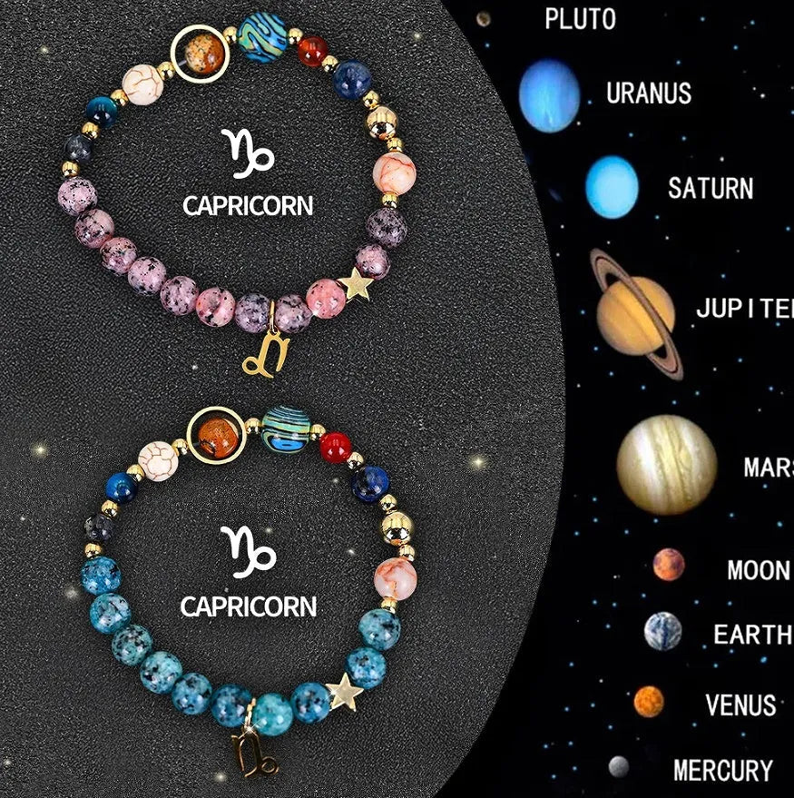 A pair of adjustable natural stone beaded bracelets on a wrist, representing Chinese zodiac signs.