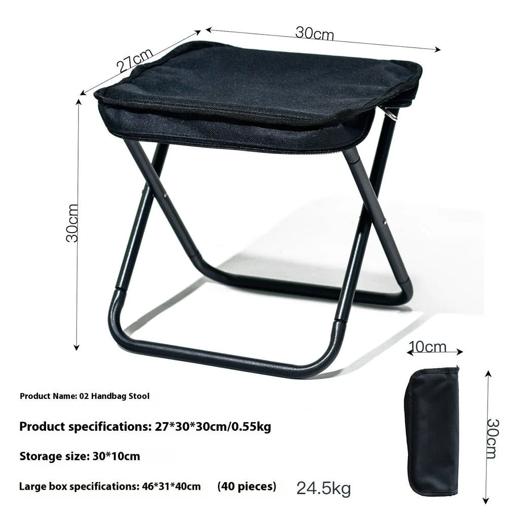 A folded lightweight camp stool in oxford cloth, shown in one of six available colours: black, blue, green, khaki, khaki red, or yellow.