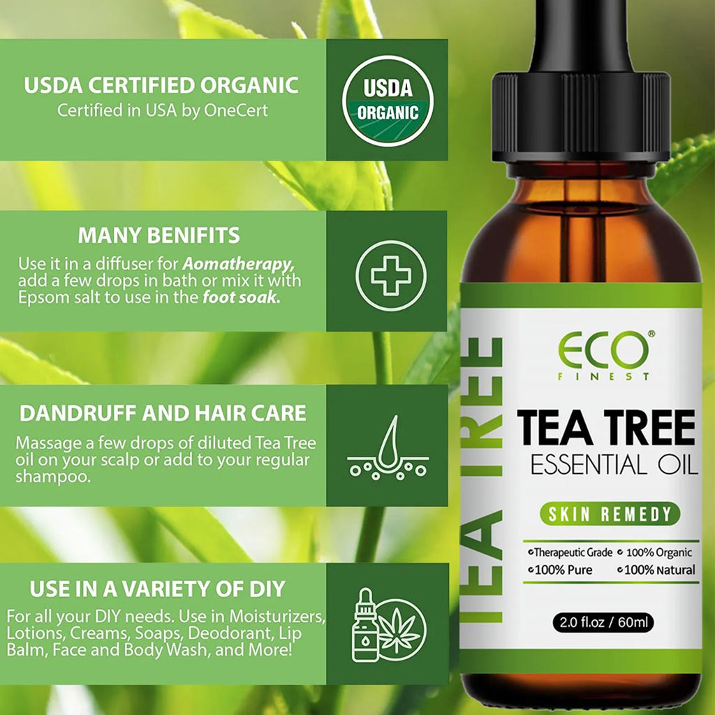 60ml glass bottle of tea tree essential massage oil for facial and skincare treatment.