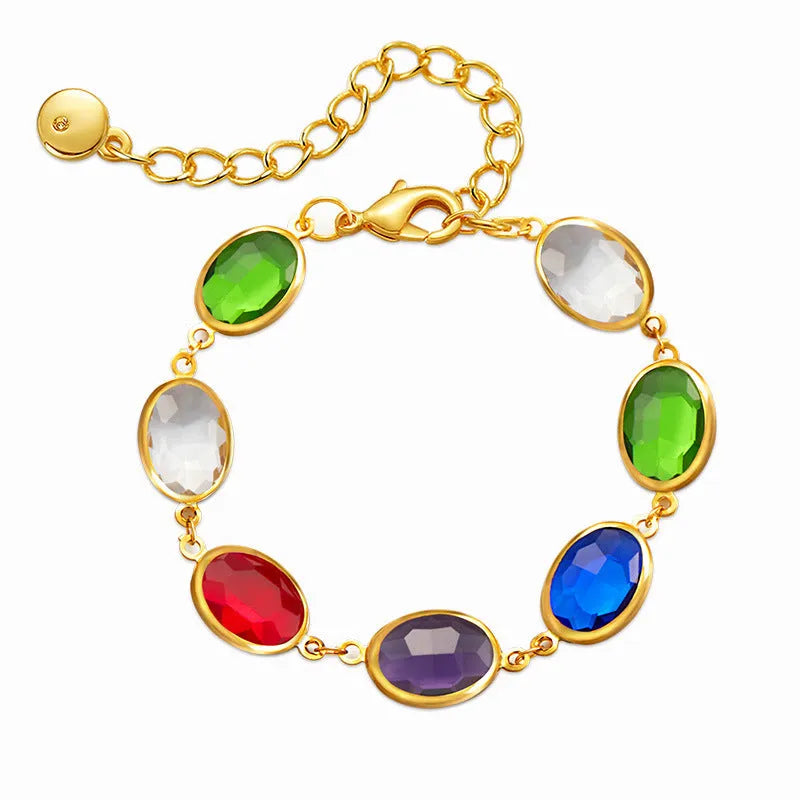 Women's 18K copper geometric ellipse bracelet with blue green multicolor glass inlay detailing