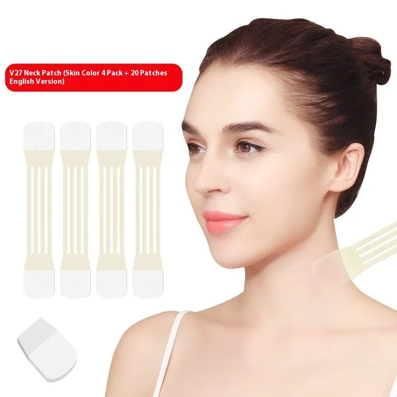 Skin colour neck firming adhesive tape set with four slings and twenty patches.