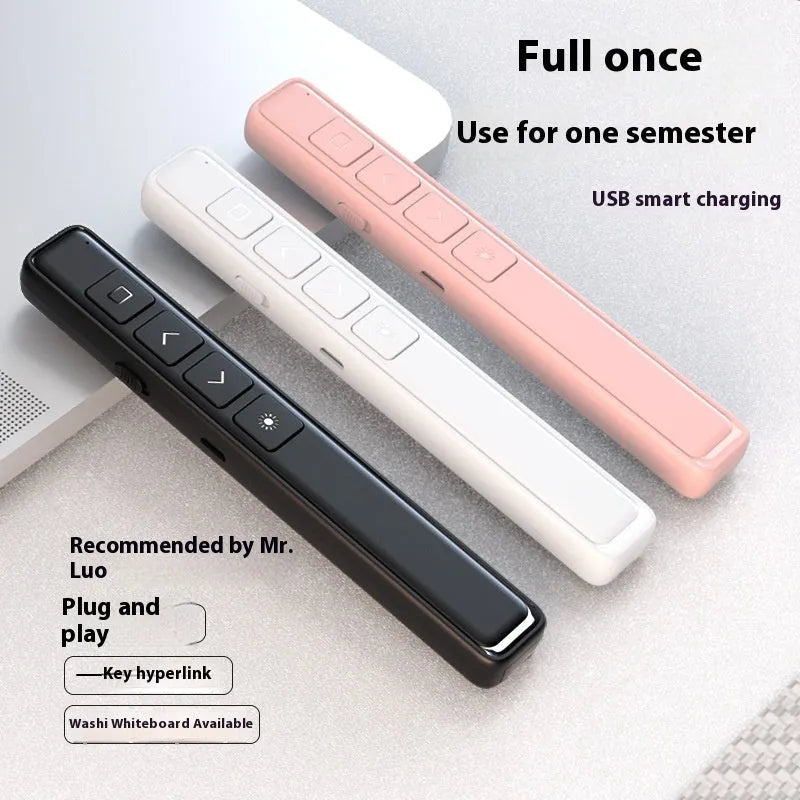 A black, white, or pink remote control pen for presentations with a laser pointer and digital annotation functions.