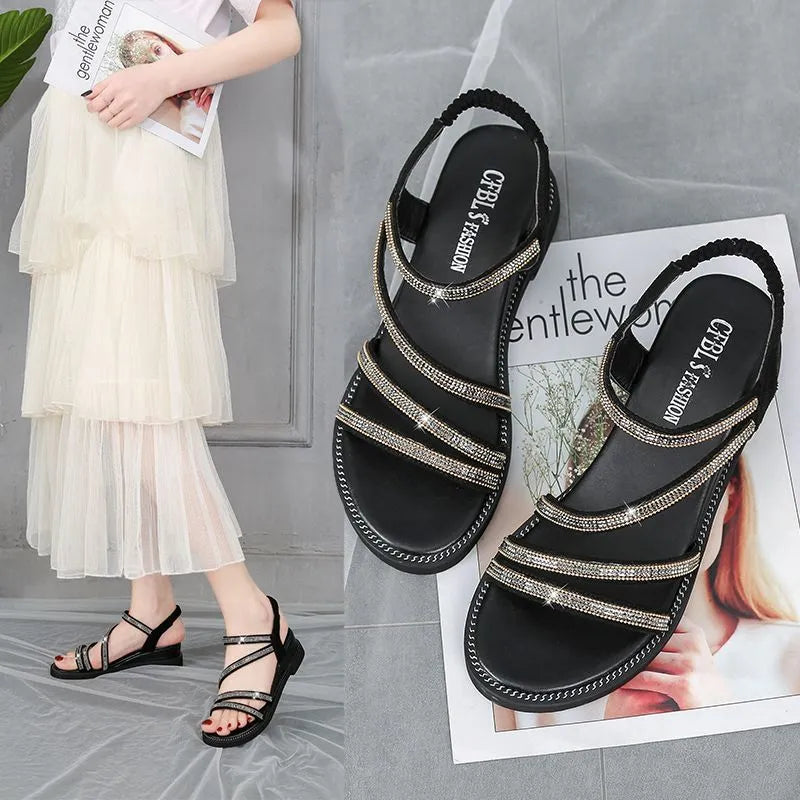 Korean style women's flat sandals with rhinestone detail in gold and silver colours