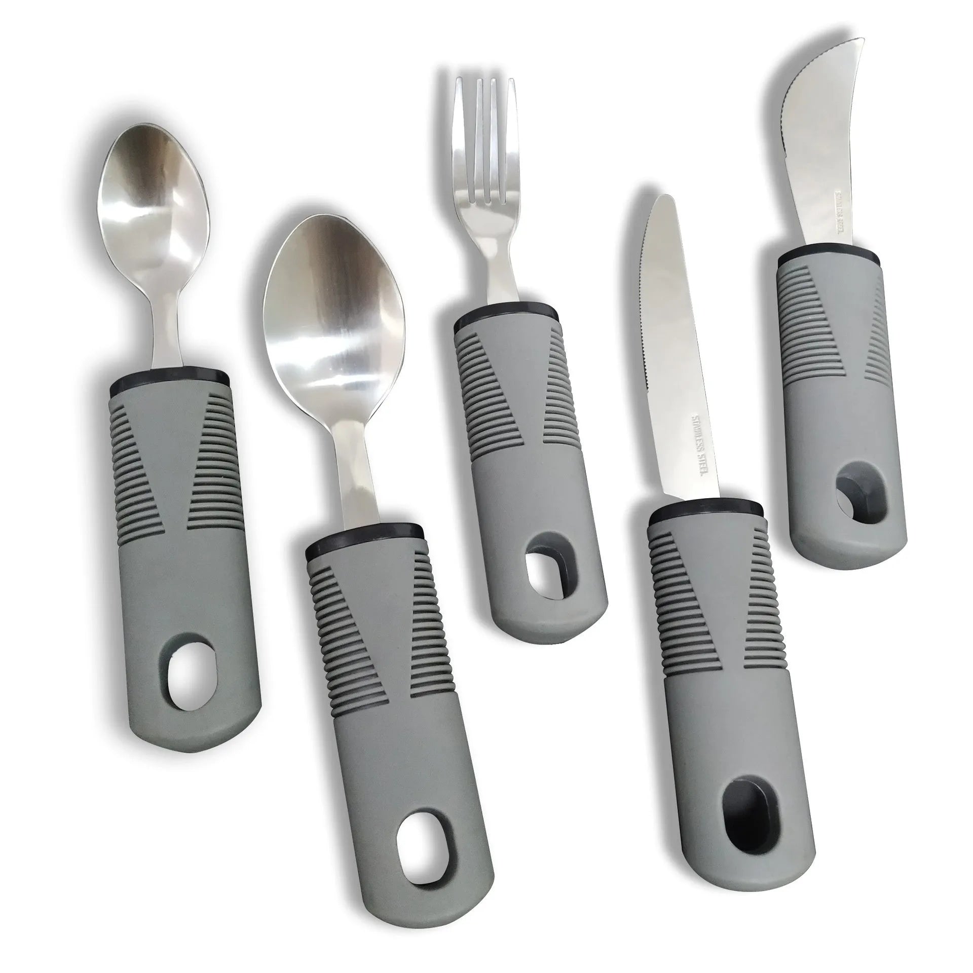Stainless steel adaptive spoon with black rubber anti-shake handle for elderly food aid.