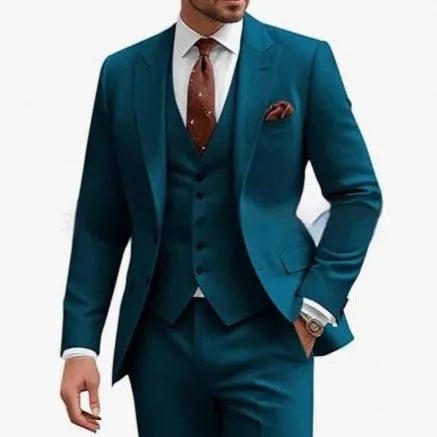 Men's slim fit three-piece suit in chemical fibre blend fabric available in multiple colours