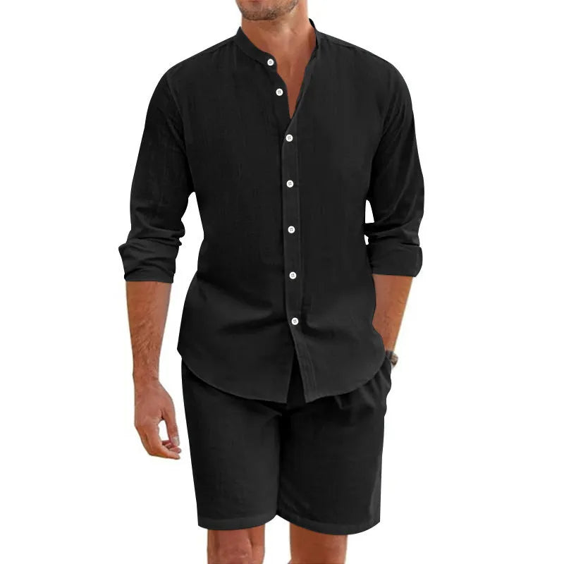 Men's dark grey linen blend short sleeve shirt and drawstring shorts casual summer suit set