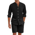 Men's dark grey linen blend short sleeve shirt and drawstring shorts casual summer suit set
