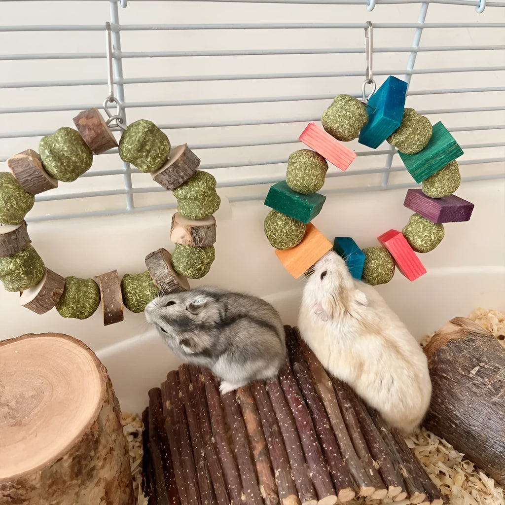 Hamster chew toy with decorative straw ball ring for small animal dental care