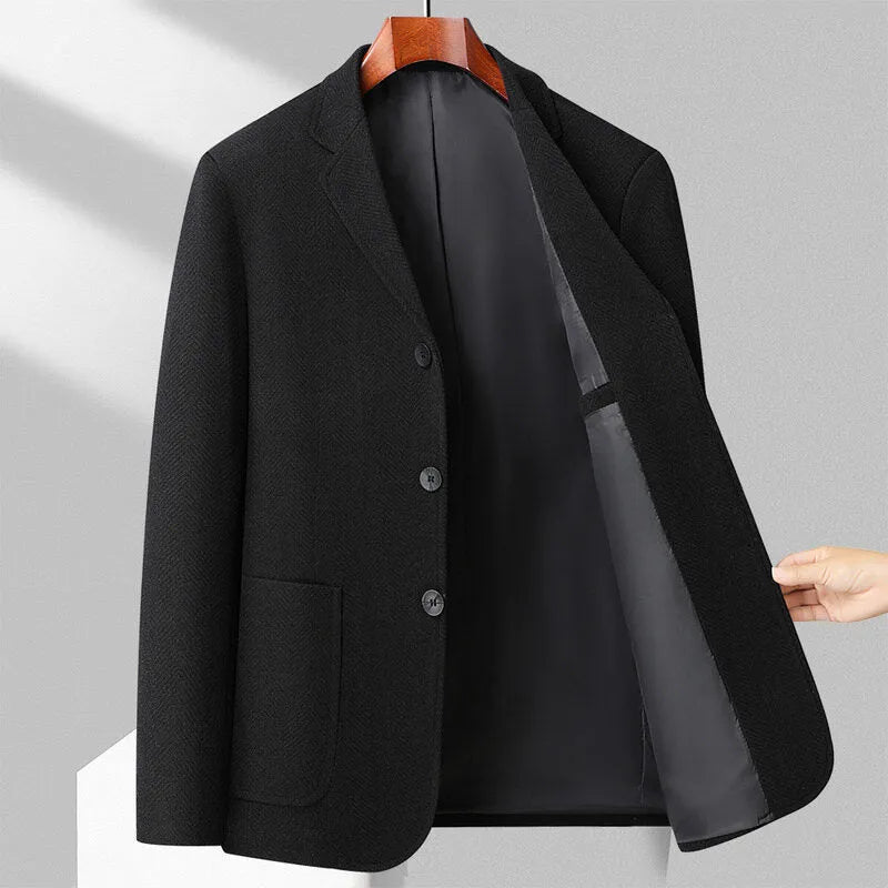 Men's simple style loose fit wool blend coat shown in a solid colour for spring and autumn.