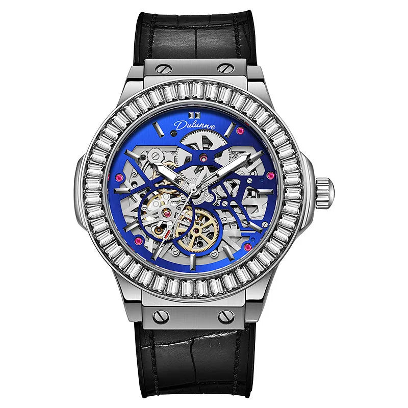 Automatic men's watch with diamond studded hollow dial and stainless steel case in business style