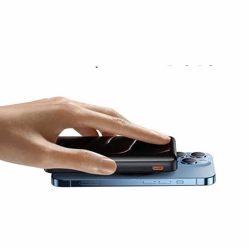 Slim blue 3-in-1 magnetic wireless power bank showing dimensions and charging cable