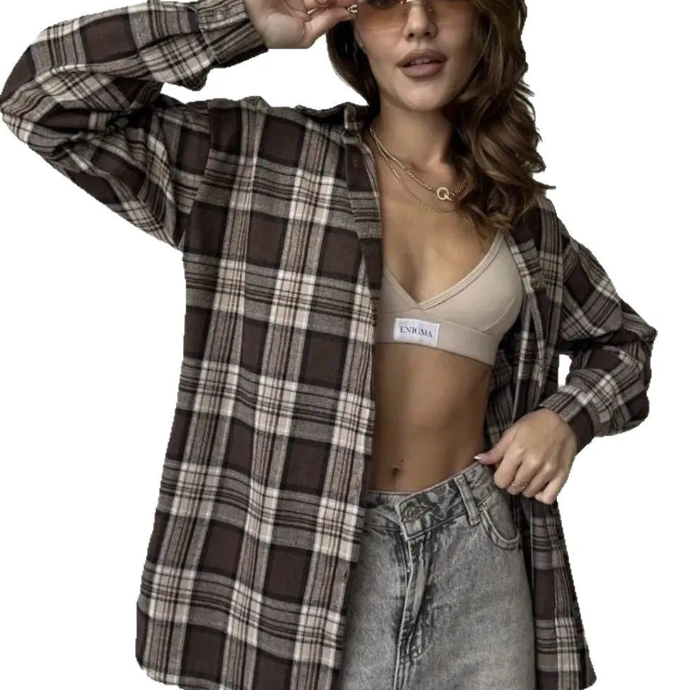 Dark brown retro women's long sleeve cotton shirt with striped pattern and collage stitching.