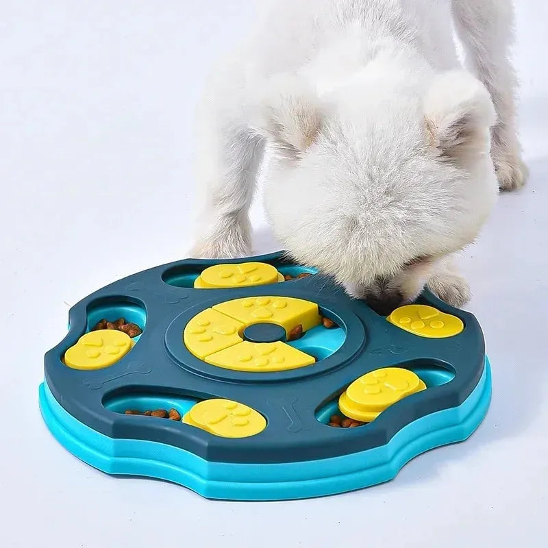 Blue dog puzzle feeder bowl with food compartments for interactive feeding games