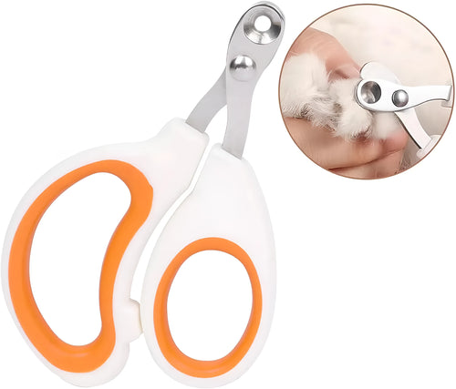 Blue cat nail clippers with a circular cutting hole and cushioned non-slip handle on a white background.