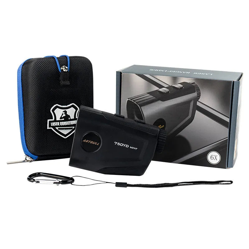 Golf laser rangefinder distance meter with LCD display showing yardage measurement