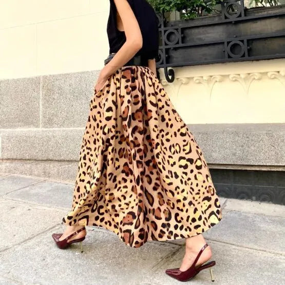 Brown leopard print women's A-line long skirt with big hem and non-stretch polyester fabric