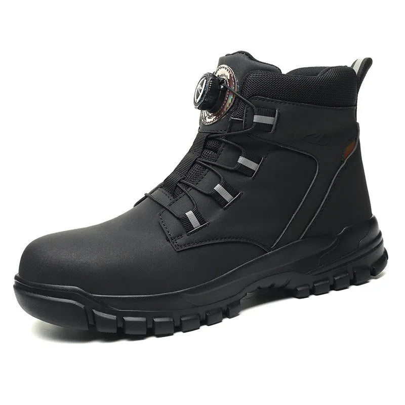 Leather and rubber lightweight labour protection safety shoes in black colour.