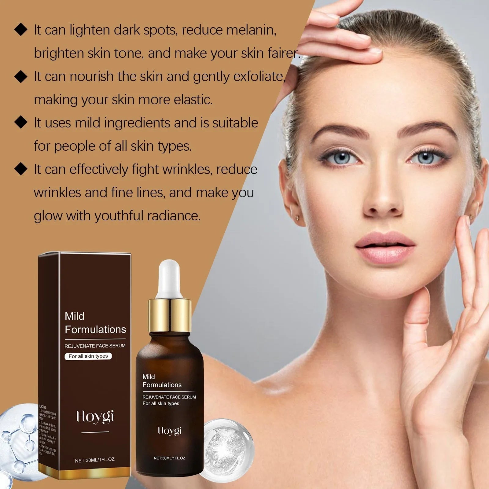 Square 30ml facial essence bottle with hyaluronic acid and vitamin C for skin hydration