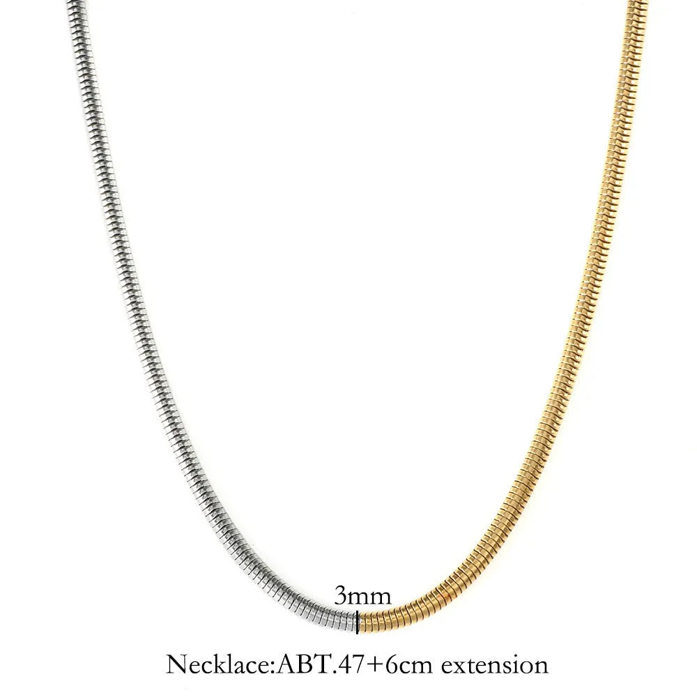 Golden stainless steel snake bone chain necklace with geometric line design