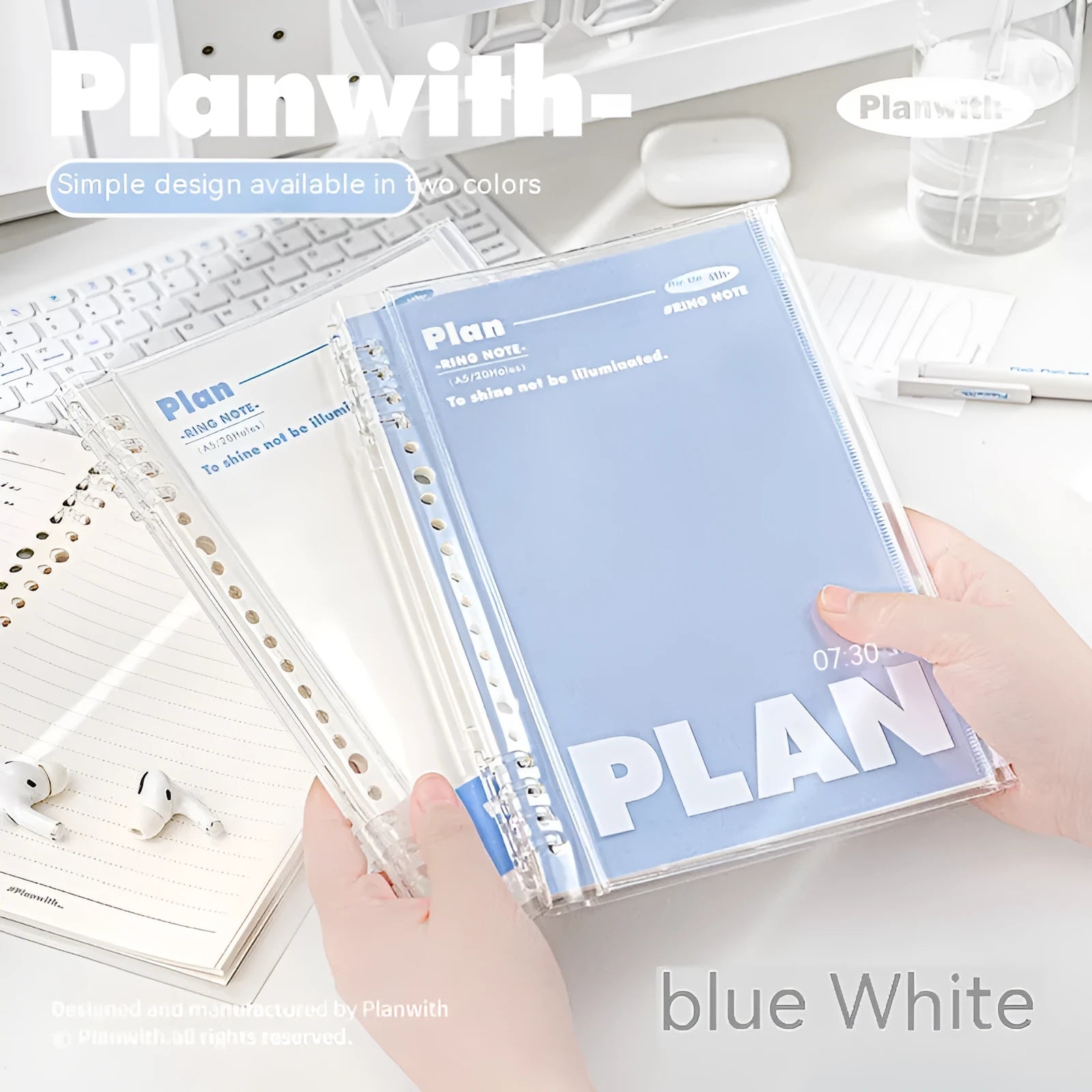 A5 PVC can store spiral notebook in blue or white colour measuring 148x210mm