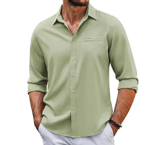 Mens grey casual long sleeve shirt with lace detail on polo collar and chest pocket.