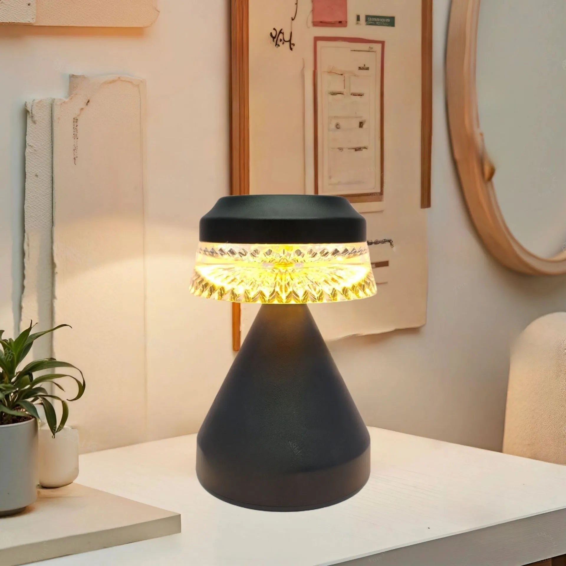 Small minimalist bedside lamp in orange with a USB cable for power.