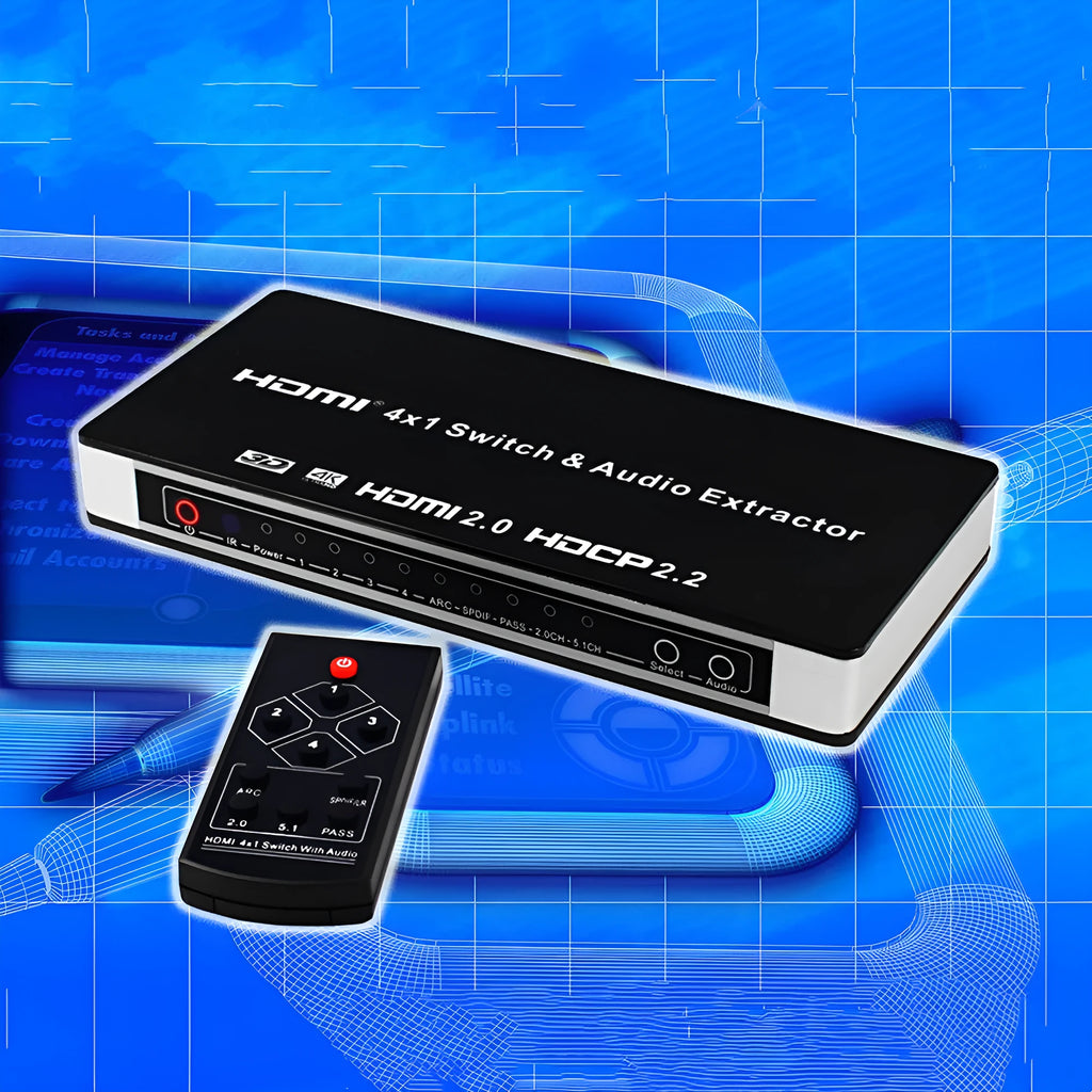 Black HDMI switch with four inputs one output remote control for 4K video switching