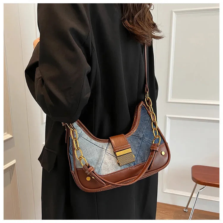 Brown denim women's shoulder bag with diamond mesh chain design and internal phone compartment