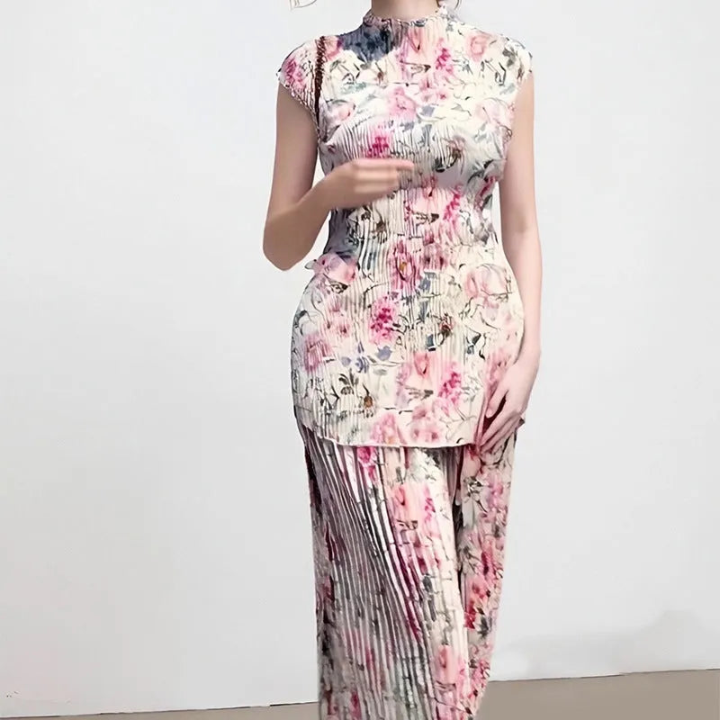 Two-piece printed chiffon dress set with long sleeves and high waist design showing separate skirt and top