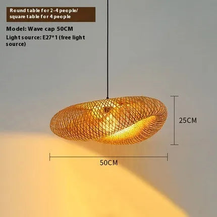 Bamboo straw hat-shaped hanging pendant light with natural rattan weave in 40cm or 50cm diameter options