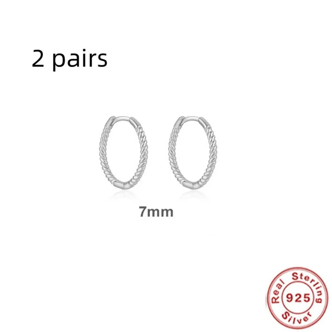S925 sterling silver twisted string round ring geometric earrings for women on a white background.