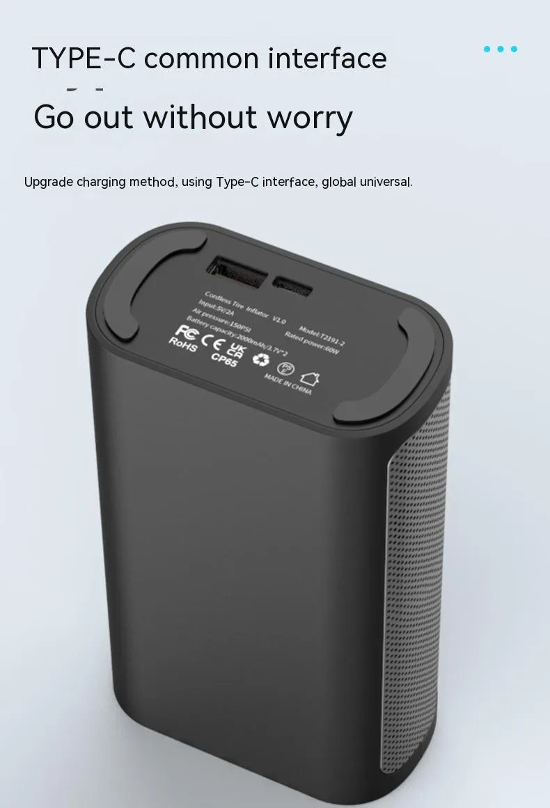 Wireless handheld digital display air pump with LED light and various nozzle attachments on a grey background.