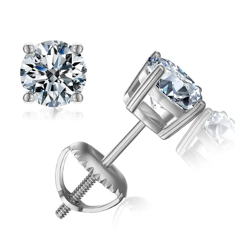 Silver screw four claw moissanite stud earrings with geometric 7mm design and certificate