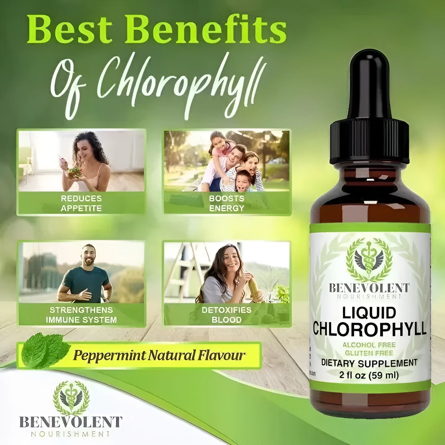 60ml bottle of liquid chlorophyll drops with dropper for adult body odour and intestinal care