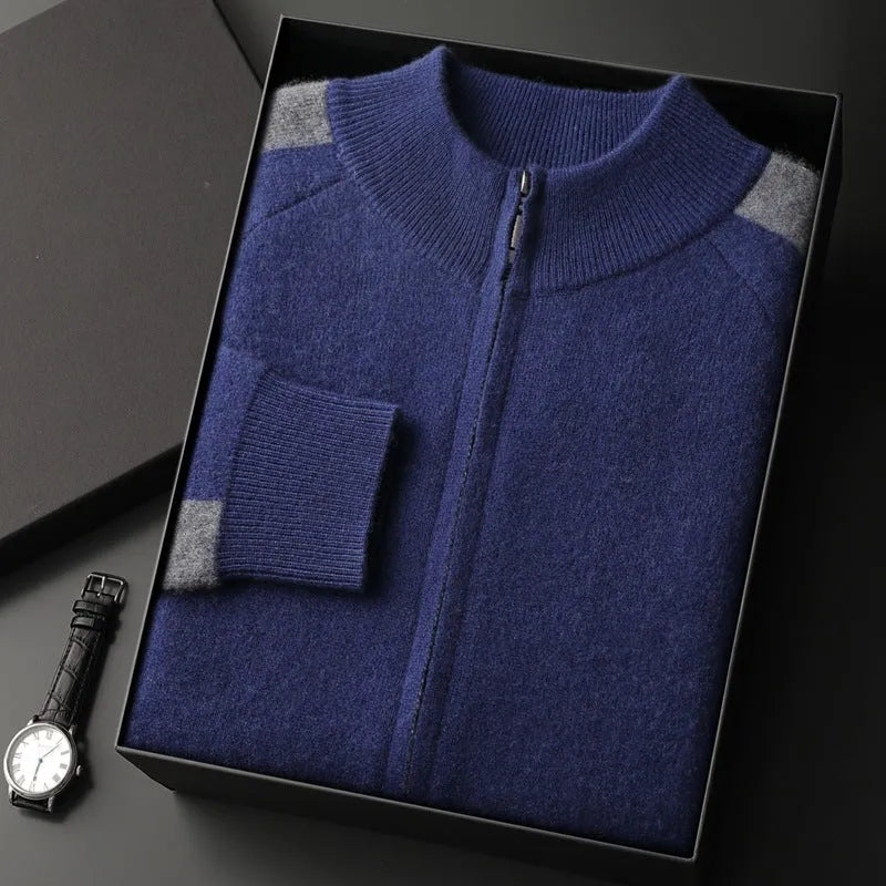 Men's cashmere blend cardigan suit with half turtleneck zip and matching trousers in winter colours