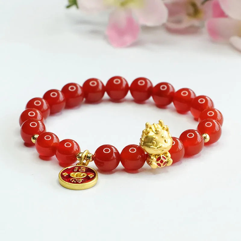 Red agate beaded dragon zodiac bracelet with 8mm beads.