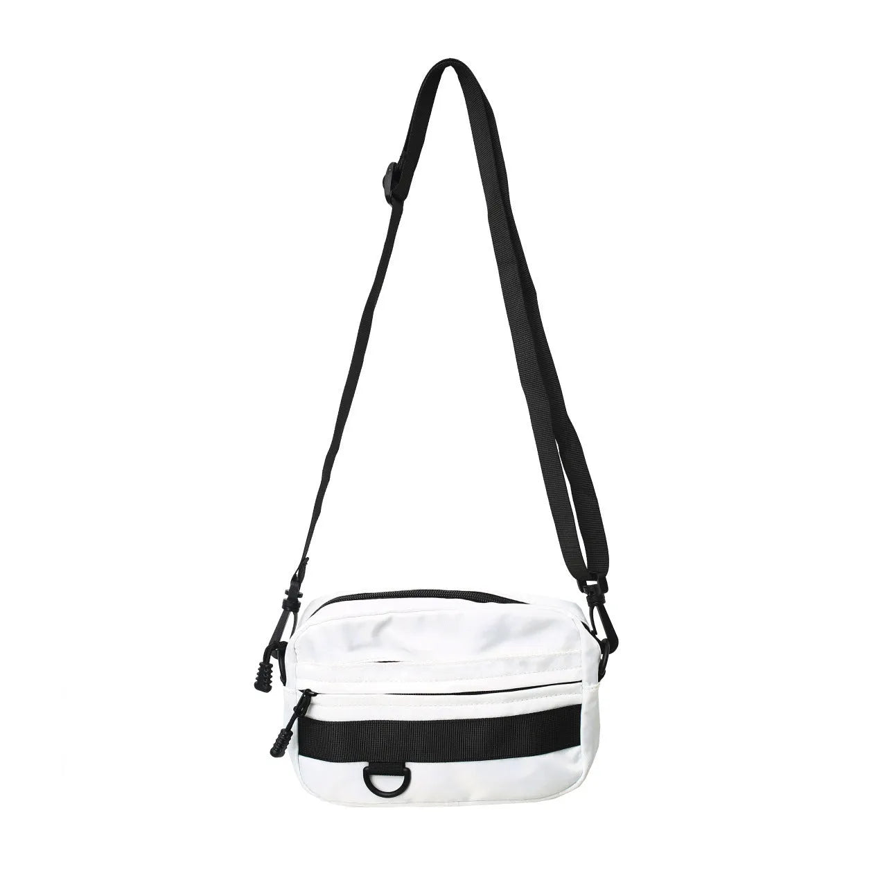 Men's solid colour nylon messenger bag with crossbody strap, shown in street style.