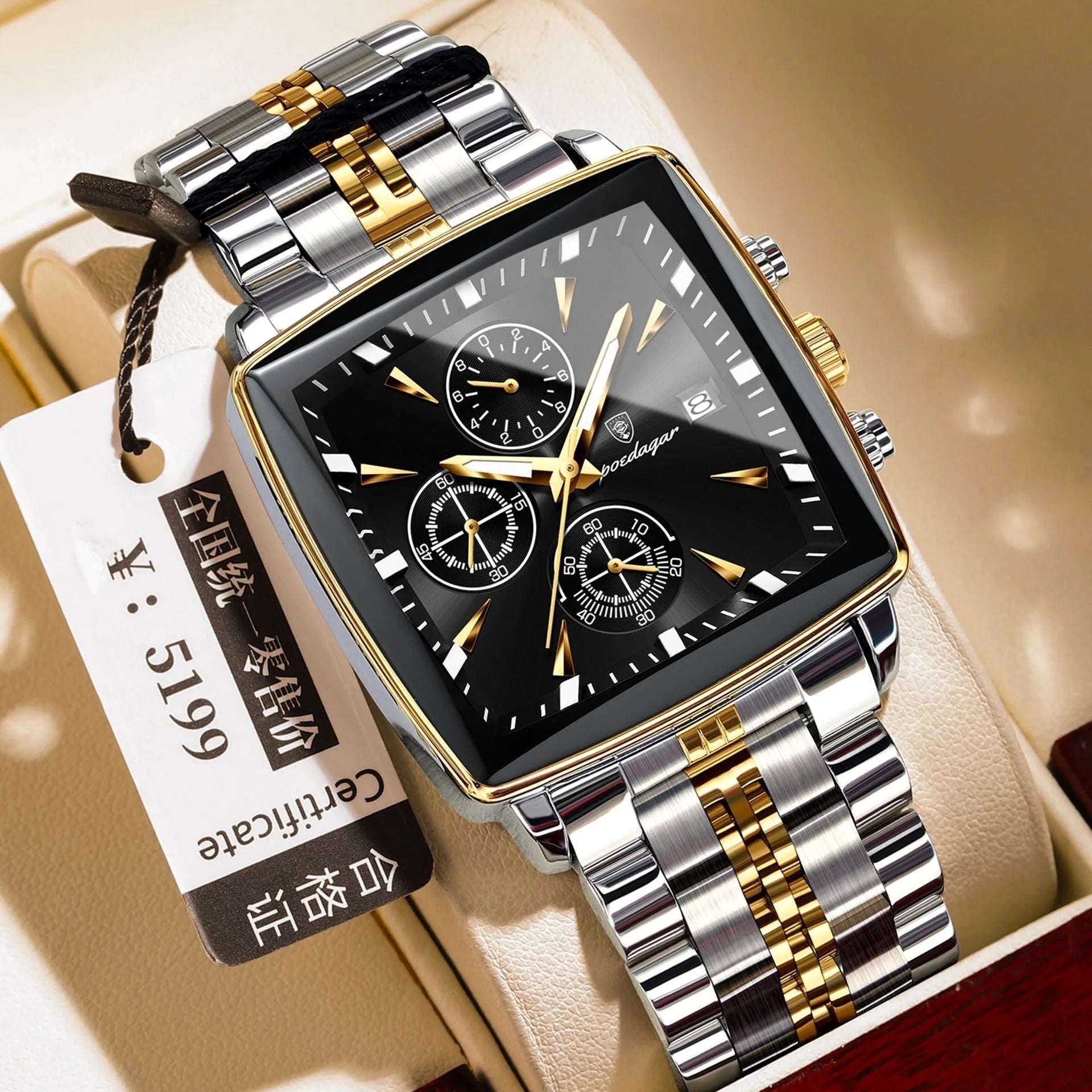 Square men's business watch with stainless steel strap showing gold case with blue dial colour option