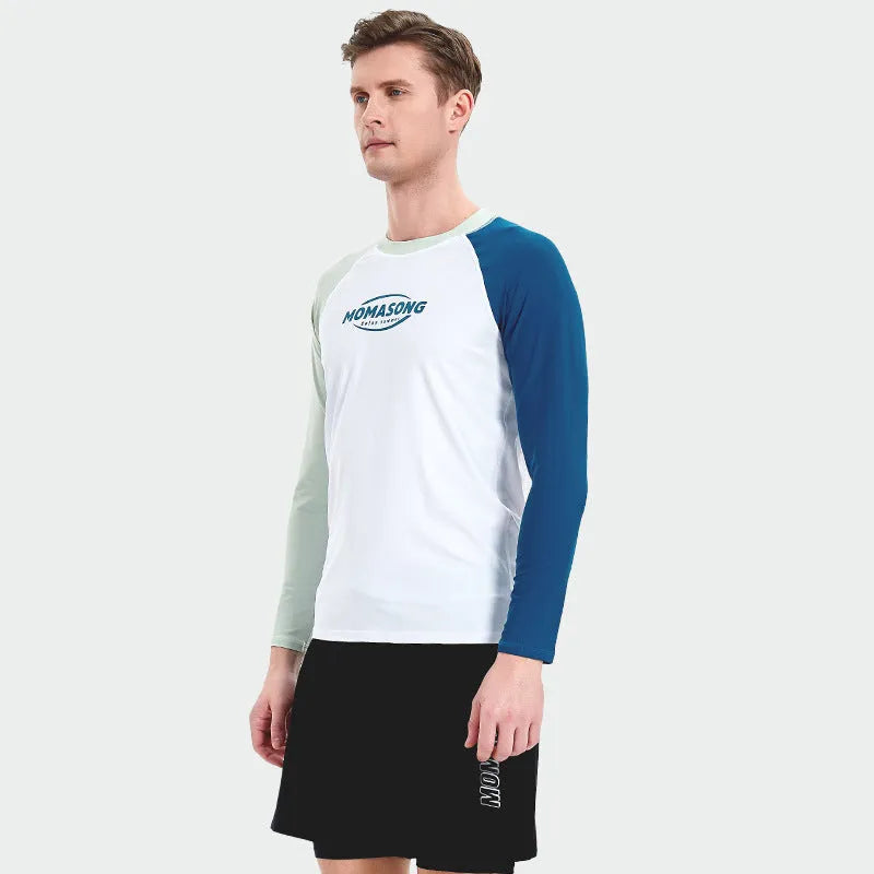 Men's white long-sleeved swim top and matching trunks set for sun protection water sports