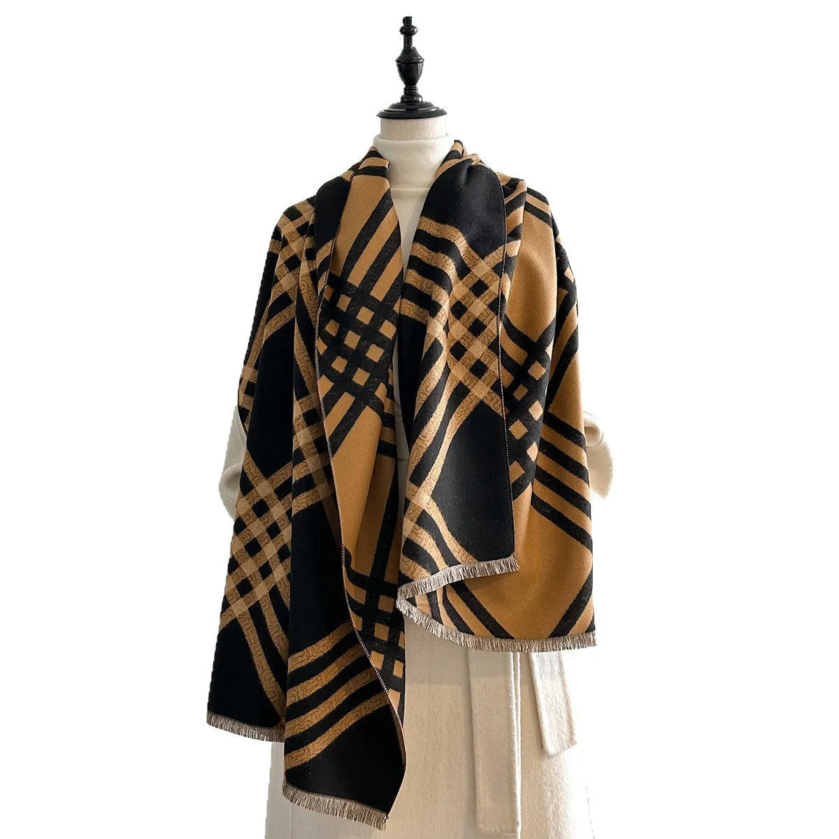 Women's imitation cashmere scarf with tassels in brown colour showing 185cm length