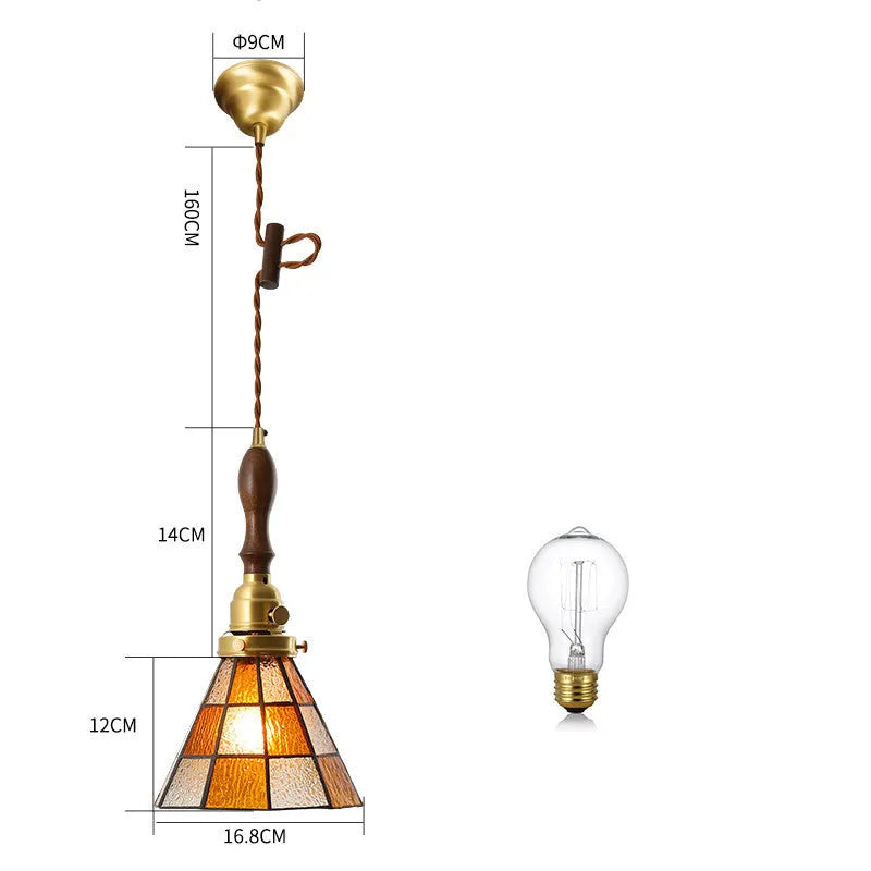 Japanese retro brass and glass chandelier with hand-blown shades, walnut wood accents, and hemp rope light line