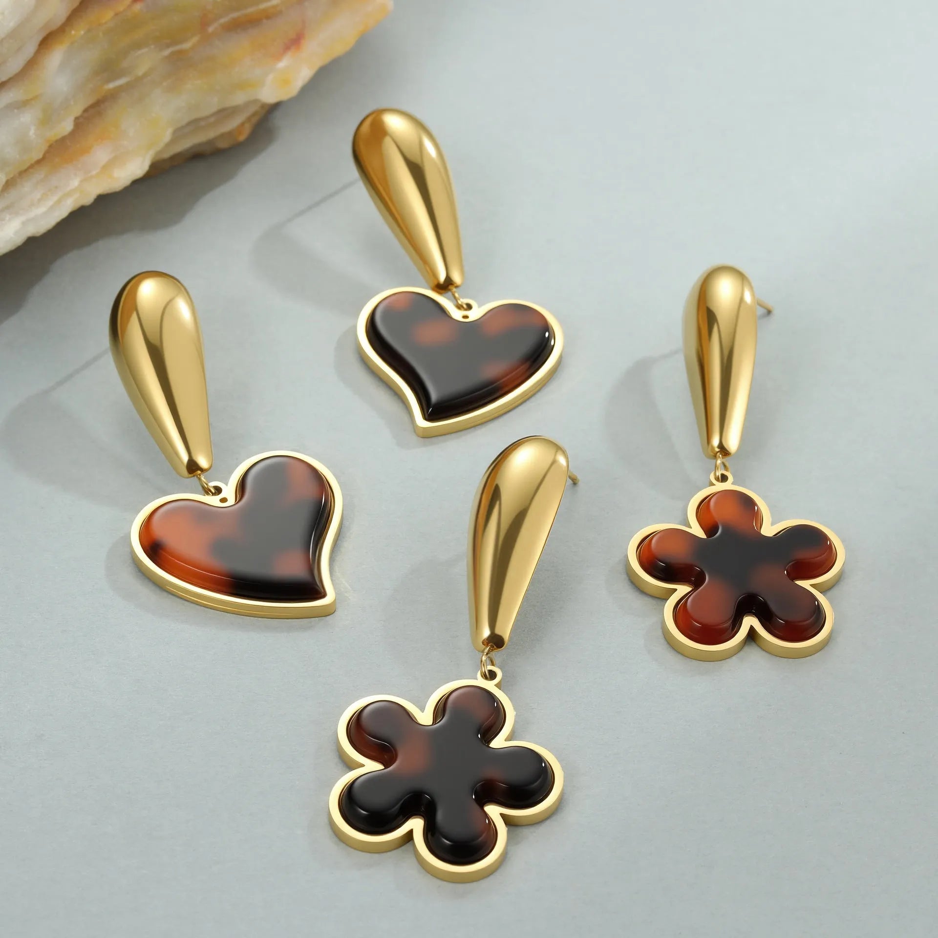 Tortoiseshell resin hawksbill colour earrings with electroplated 18K stainless steel in heart and floral geometric designs